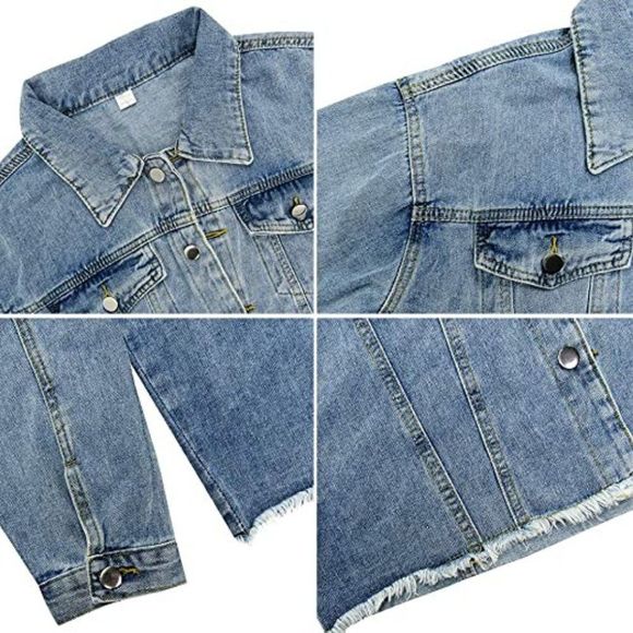 LONGBIDA Women's Jean Jacket Frayed Washed Button Up Cropped Denim Jacket - Picture 5 of 5